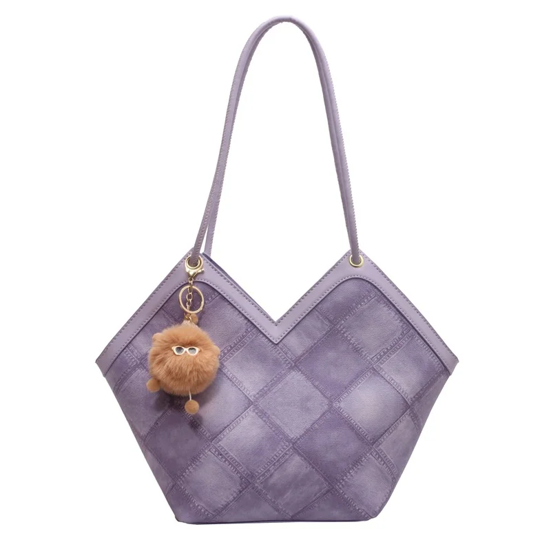 Large Capacity Push Argyle Lattice One Shoulder Female Bag Cute Plush Small Pendant Portable Large Bag Irregular Lady Bag