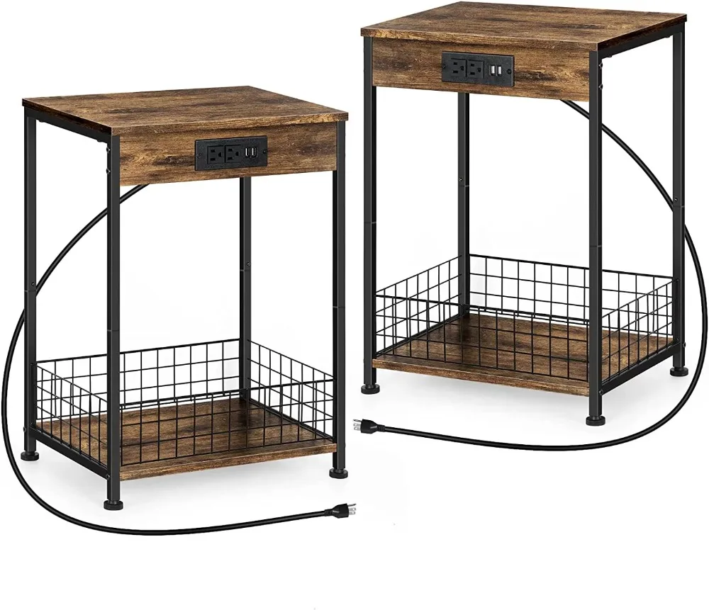

2 Tier Nightstands End Tables with Charging Station and Storage Basket Set of 2, Brown