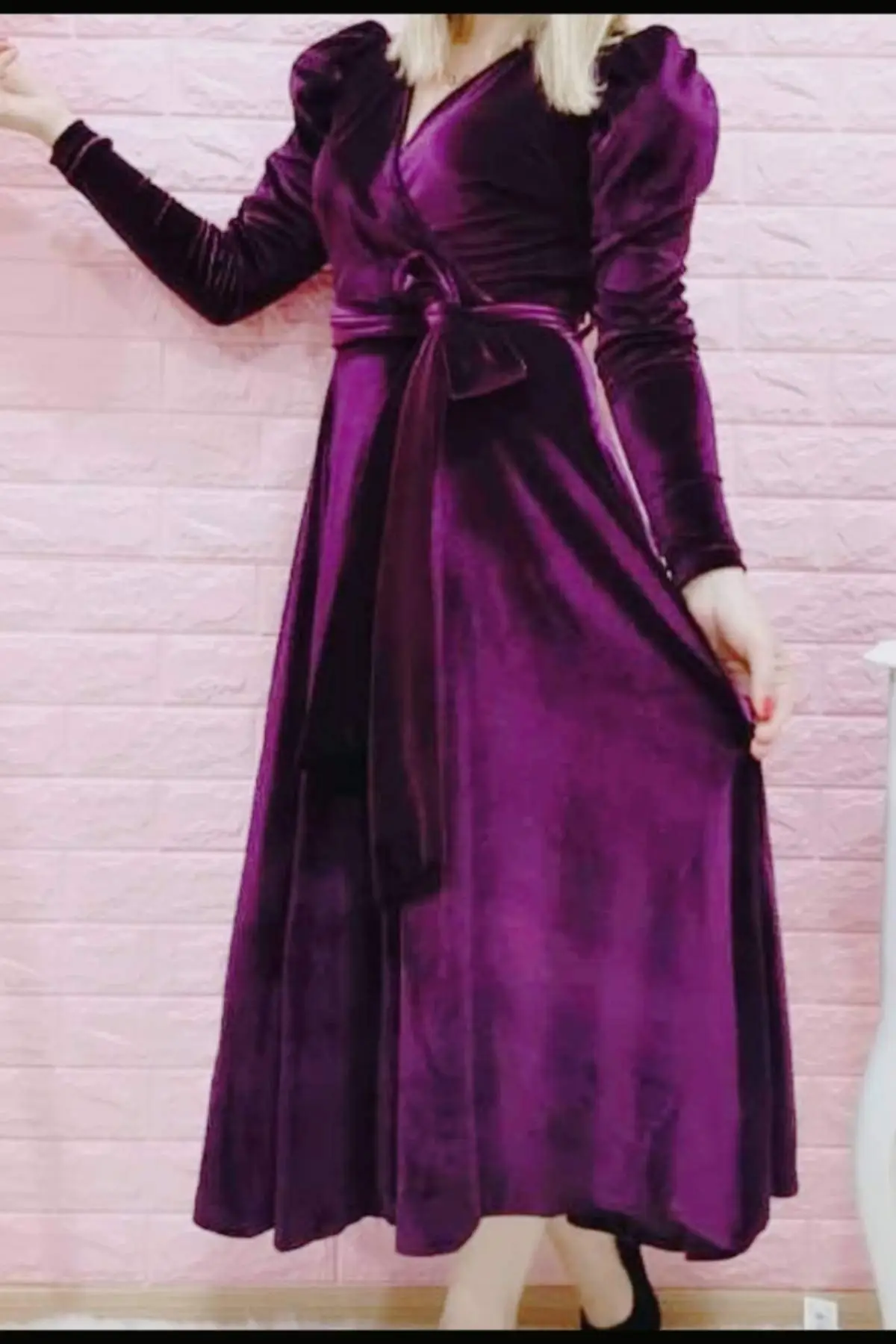 

Belted Midi Boy Double Breasted Collar Velvet Dress Long Classic Fabric Purple Flexible Large Size Clothing