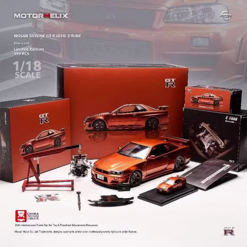 Фото MH 1:18 gtr r34 Flame Orange Подарочная коробка Выставка ограниченная серия литая под давлением модель автомобиля из сплава, украшения для взрослых, игрушки для мальчиков №1