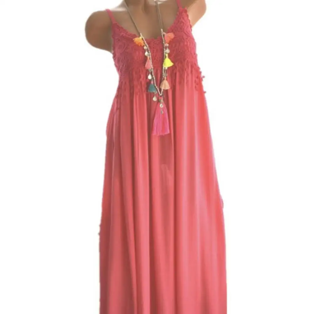 

Женское винтажное платье-комбинация, свободное однотонное пляжное платье макси без рукавов с вязаным кружевом, лето