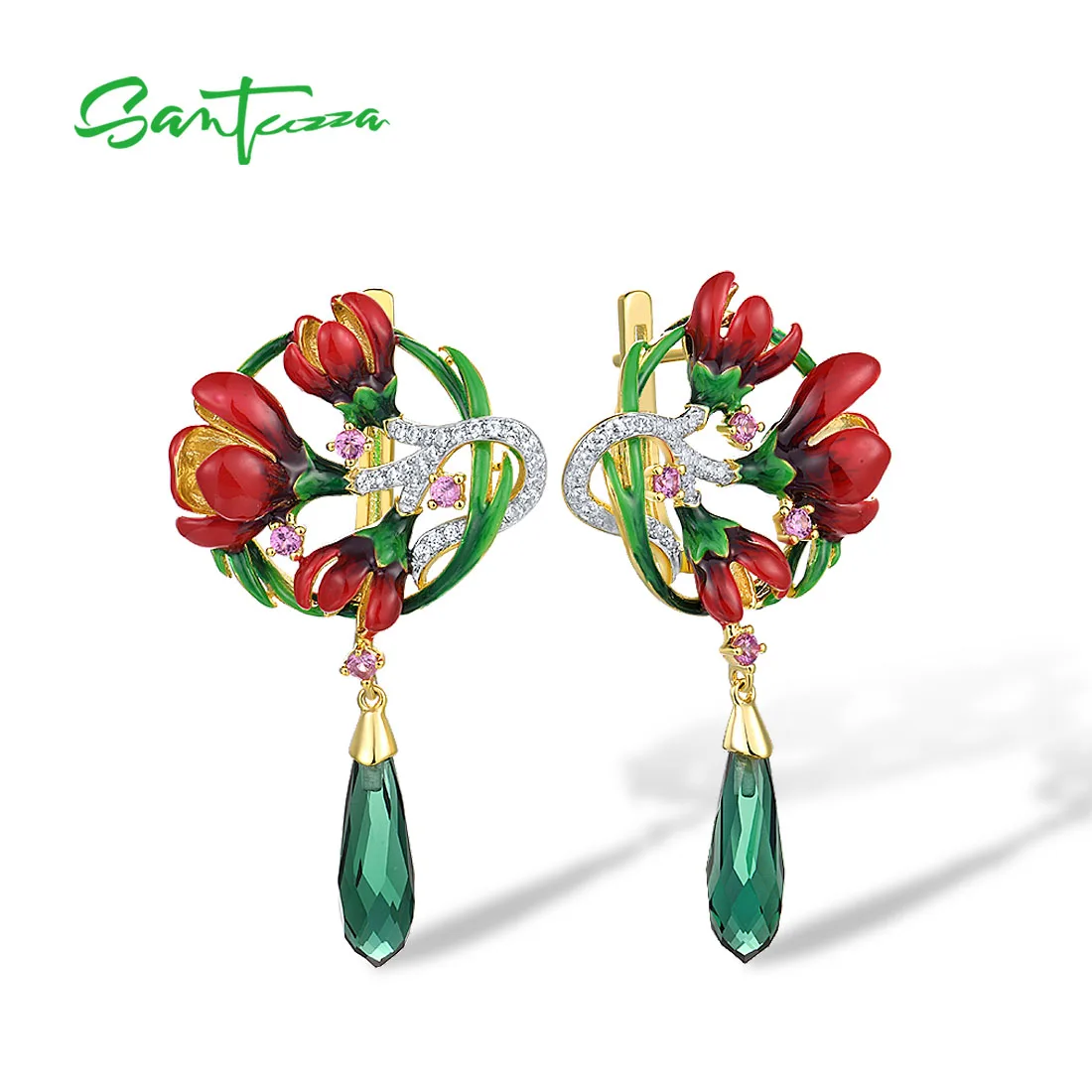 SANTUZZA 925 Sterling Silver Drop Earrings For Women Pink Green Stones White CZ Red Enamel Flower Delicate Fine Jewelry Handmade