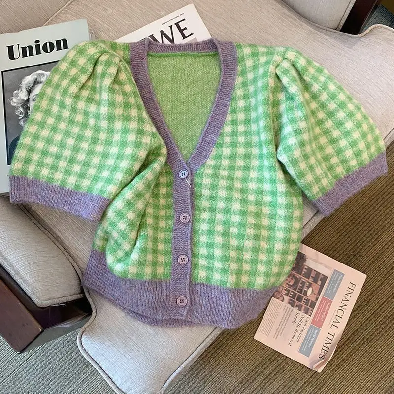 

2023 Fashion Top Women Casual Button Embroidered Knit Shirt Short Sleeve V-neck Puff Sleeve Elegant Female Blouses T-shirt P164