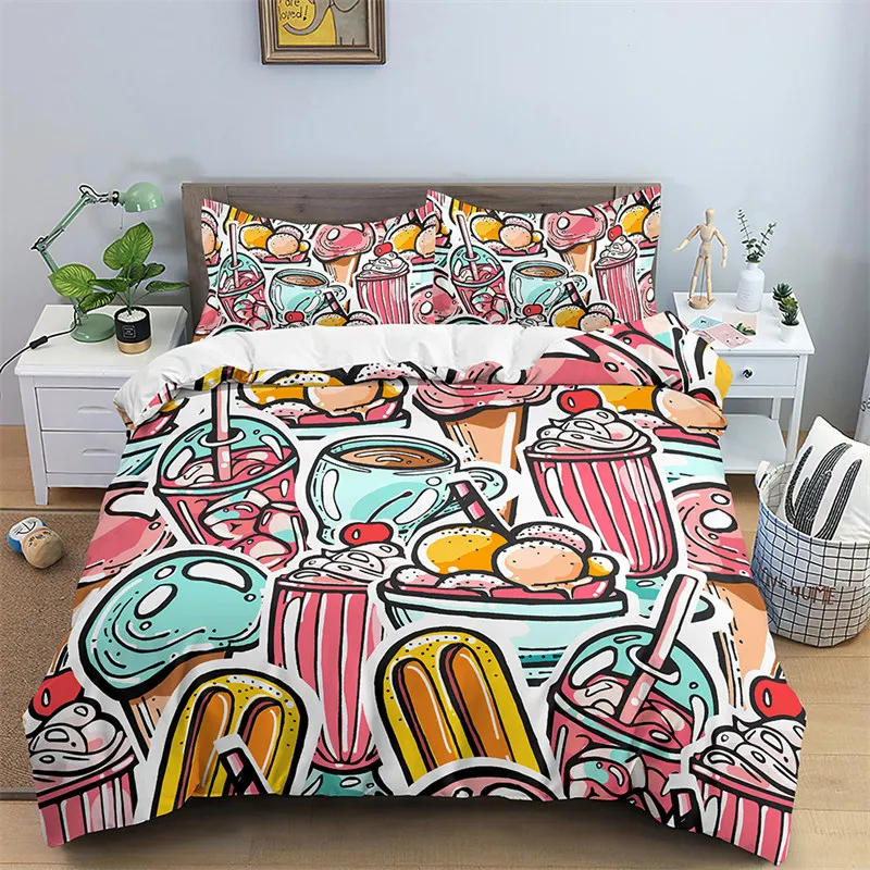 

3D Donut Quilt Cover With Pillowcases Hamburger Bedding Set Snack Pattern Duvet Cover Twin King For Kids Adults Decor Microfiber