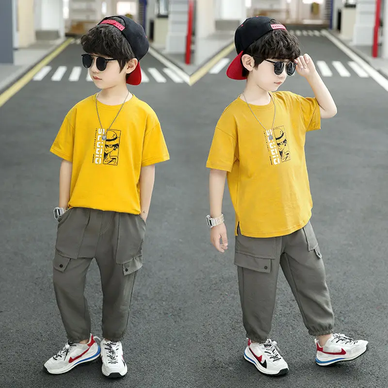 

2022 New Boys Sports Suit Summer Baby Short Sleeve T-shirt + Cargo long Pants Chilld Sportwear 2piece Set Costumes for Kids Boy