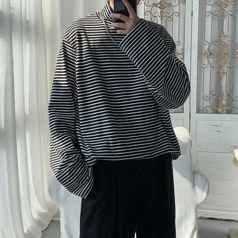 

Новинка 2023, модная весенне-осенняя Модная брендовая полосатая свободная повседневная верхняя одежда в гонконгском стиле с полувысоким воротником и футболкой