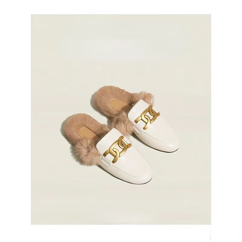 Slippers for Women In Spring and Autumn, New Leather Wrapped Lefu Half Slippers for Wearing on Muller Loafers