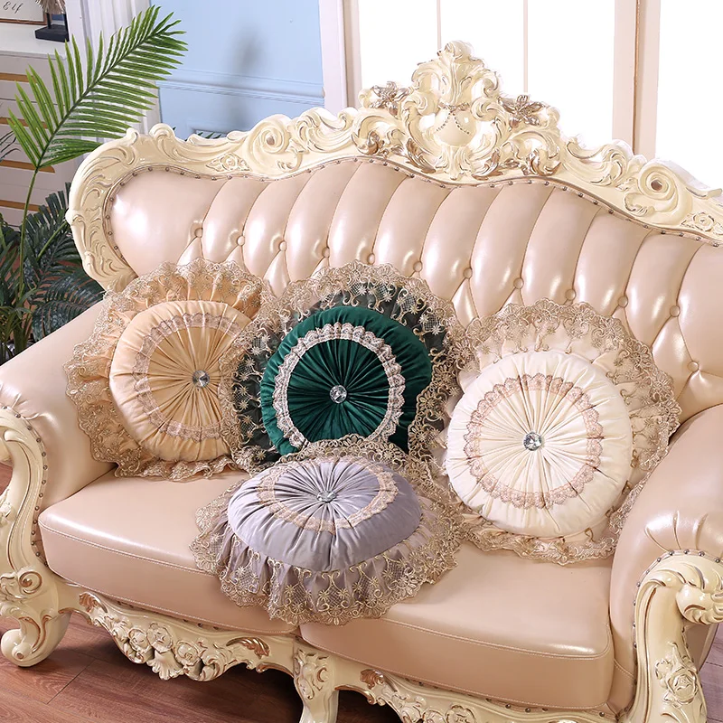 

round 40cm light luxury lace pillow cover European style crystal buckle cushion cover lumbar pillow case sofa decor