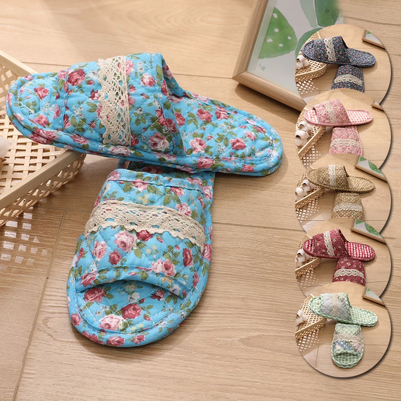Тапочки женские хлопковые с цветочным принтом Нескользящие теплые мягкая