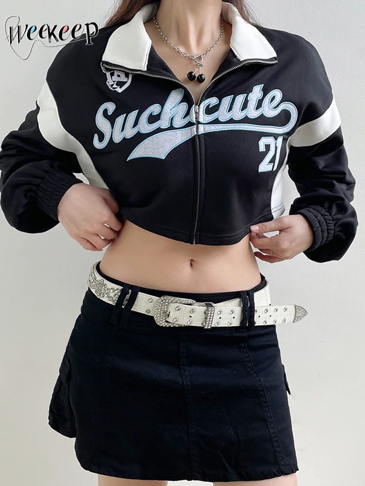 

Weekeep Casual Letter Print Crop Sweatshirt Patchwork Long Sleeve Loose Zip Up Hoodies Streetwear Harajuku Basic Women Clothing