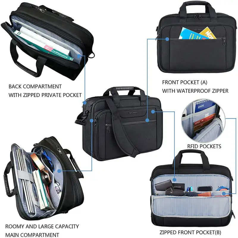 

Deluxe Water-Repellent Fits Up to 17.3 Inch Laptop Bag Expandable Black Shoulder Messenger Computer Briefcase for Travel/Busines