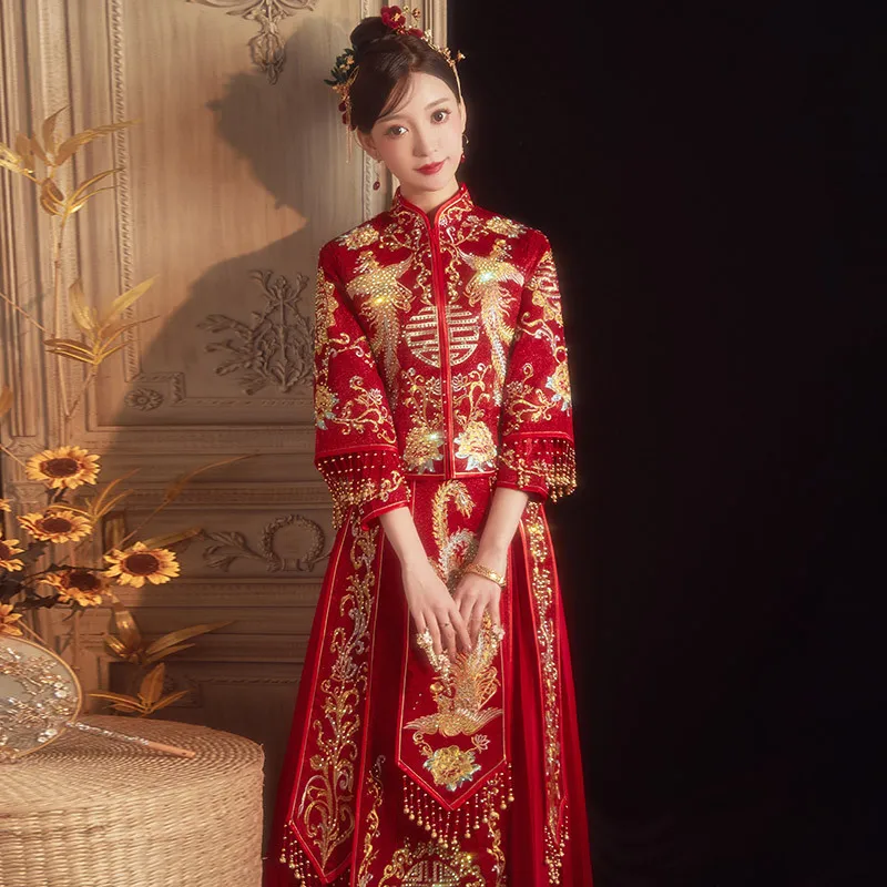Chinese Traditional Wedding Dress Women Cheongsam Phoenix Embroidery Qipao Oriental Toast Clothing Vestido