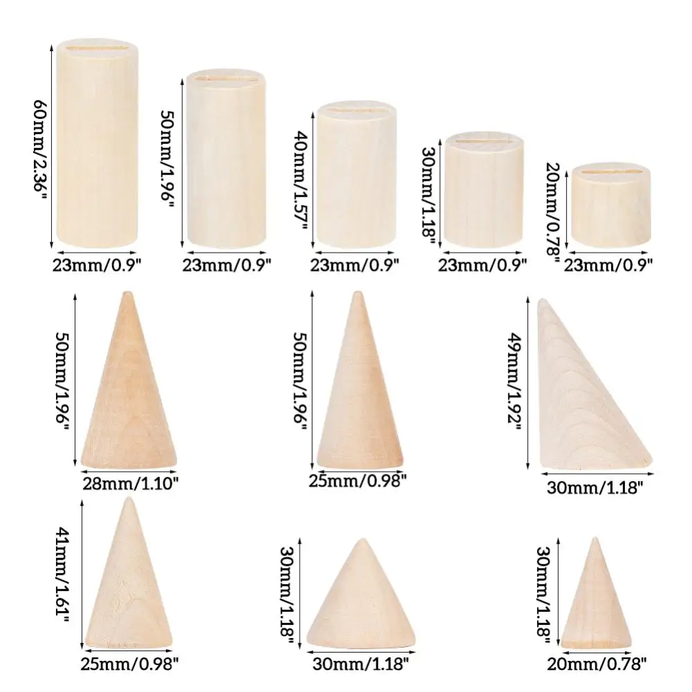 11Pcs Natural Wood Cone Ring Holders Unpainted Wooden Column Jewelry Display Holder for DIY Crafts Supplies Storage Rack