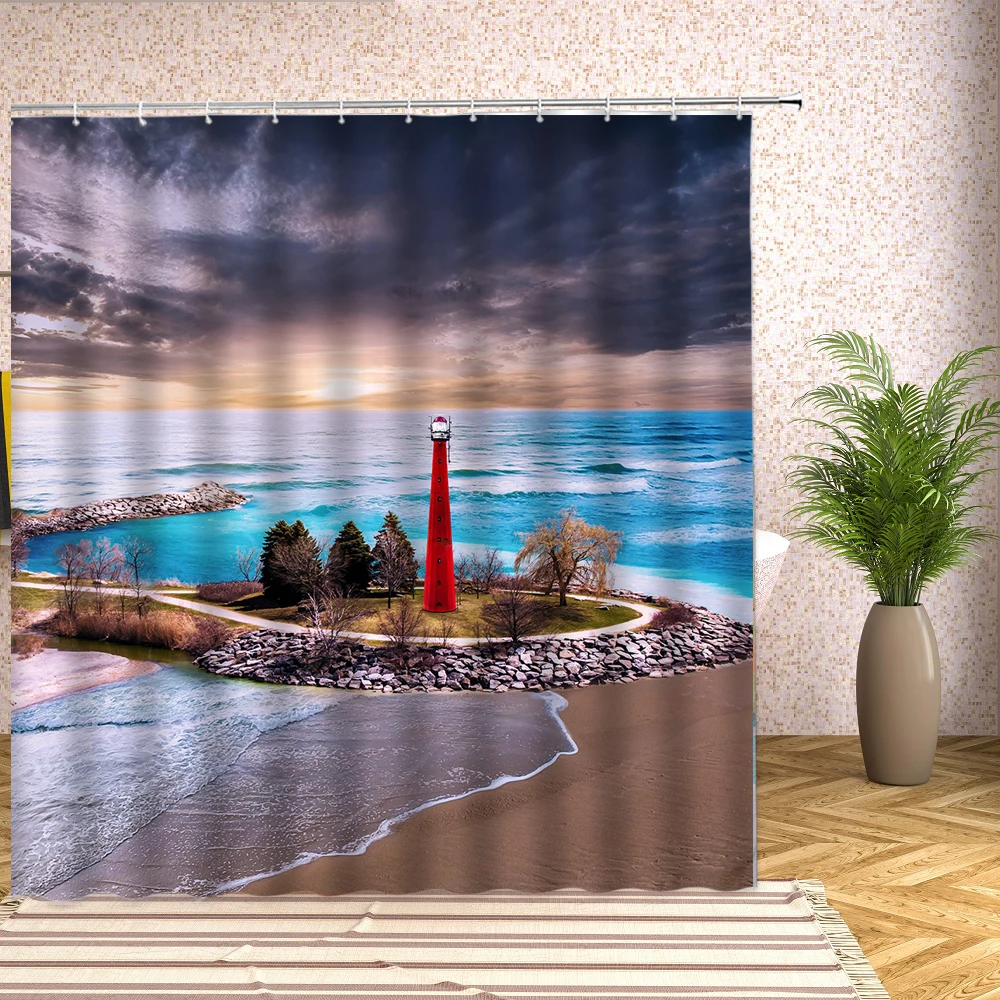 

3D Sky Seascape Beach Shower Curtain Clouds Sunset Dusk Scenery Bathroom Home Decor Bath Screen Waterproof Print with Hooks