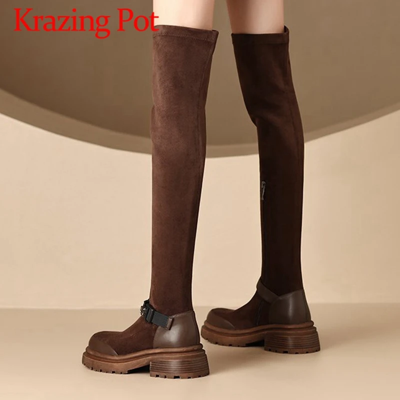 

Krazing Pot Flock Cow Leather Equestrian Boots Round Toe Thick High Heels Splicing Belt Buckle Mature Zip Over-the-knee Boots