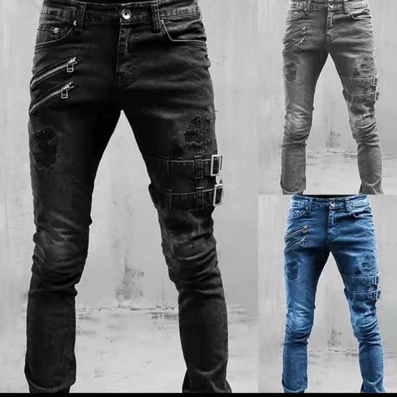 

Plus Size Straight Jeans Man Pants Spring Summer Boyfriend Jeans Streetwear Skinny Zips 3 Colors Cacual Long Denim Trousers