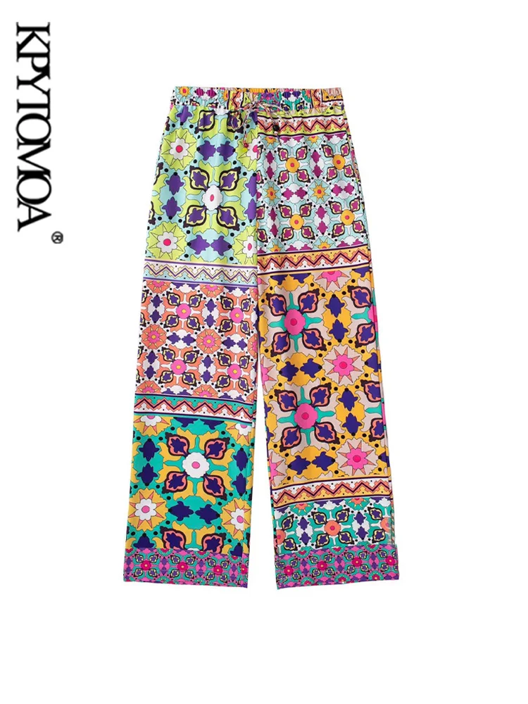 

KPYTOMOA Women Fashion Side Pockets Printed Straight Pants Vintage High Elastic Waist With Drawstrings Female Trousers Mujer