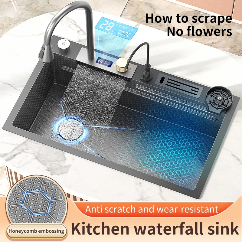 

Stainless Steel Waterfall Kitchen Sink Smart With Knife Holder Large Single Bowl Washbasin Multifunctional Utensils for Kitchen