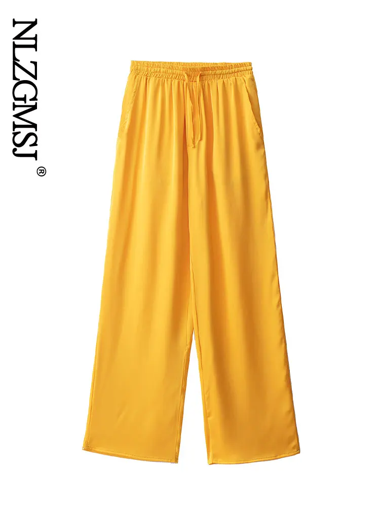 

Nlzgmsj Women Simply Yellow Color Pockets Casual Straight Pants Female Chic Elastic Waist Lace Up Summer Long Trousers 202204