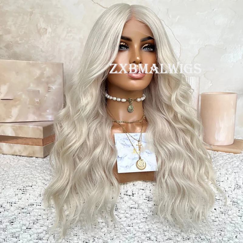 

Body Wave Platinum Blonde Synthetic Hair Lace Front Wig 26 Inch Long Fiber Wavy Frontal Wigs For Fashion Women Glueless