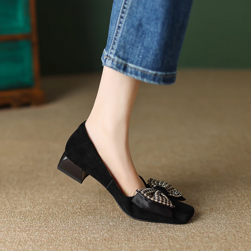 Spring and Autumn Sheepskin Women's Shoes Square Toe Frosted Bow Knot Medium Heel Flower Thick Heels Women's Shoes