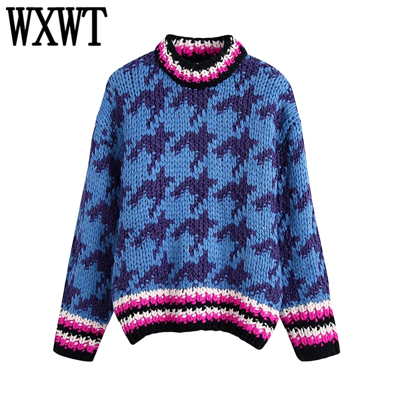 

WXWT Women Fashion Houndstooth Jacquard Loose Knit Sweater O Neck Long Sleeve Female Pullovers Chic Tops BB4190