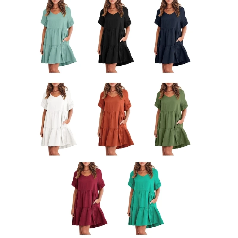 

Women Dresses Sweet V-Neck 3 Layers Bell-Sleeve Shift Dress Mini Loose Robe P8DB