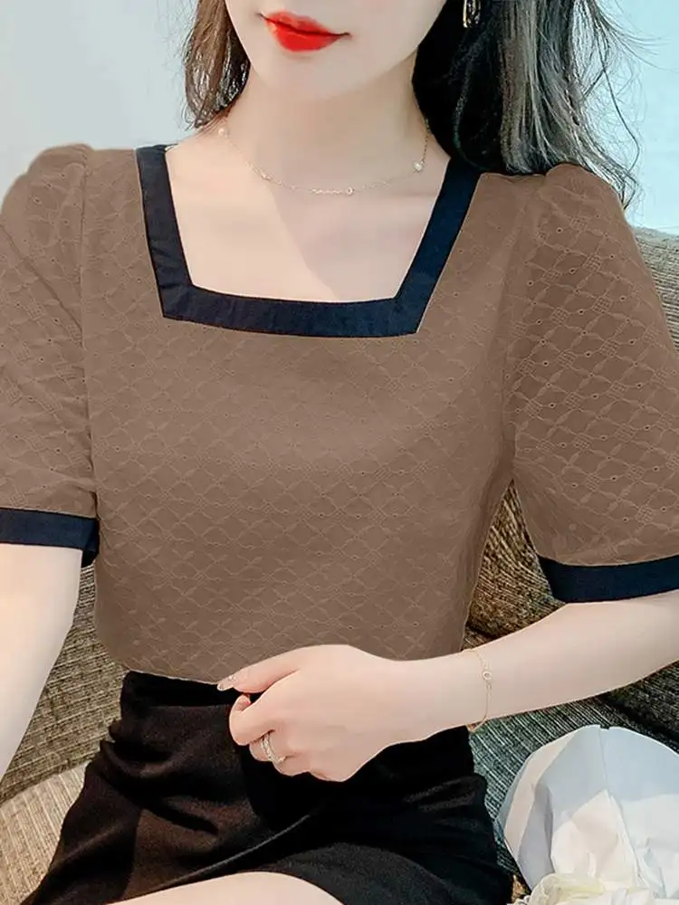 

Summer Tops Women Fashion Lady Office Elegant Square Neck Shirts 2023 VONDA Sexy Solid Color Casual Loose Puff Sleeve Blouse