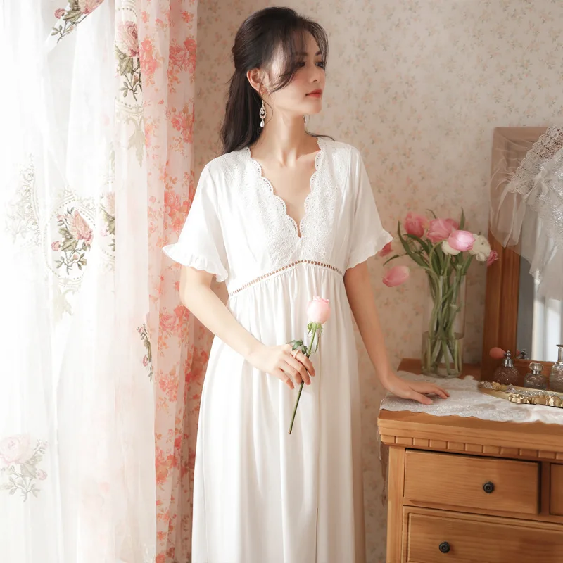 

White Short Sleeves Cotton Nightgown Ladies Summer Palace Houseware V-neck Loose Long Pajamas Sweet Princess Sleeping Dress