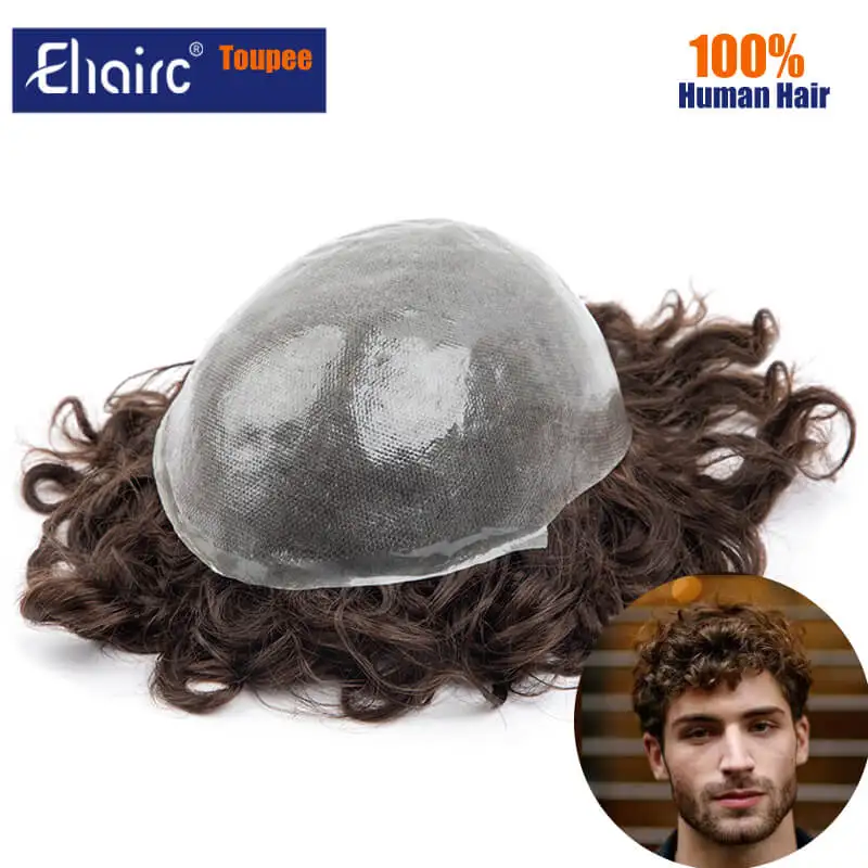 Curly Male Hair Prosthesis 0.08mm Pu base Toupee Men Durable Wigs For Men 100% Indian Hair System Unit Mens Capillary Prosthesis