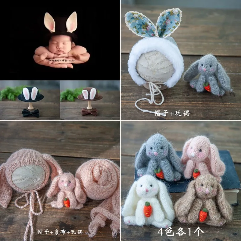 Dvotinst Newborn Baby Photography Props Cute Knitted Bunny Rabbit Doll Carrot Hat Wraps Pillow Set Studio Shooting Photo Props