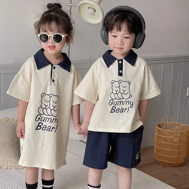 

Одежда Brother Sister, новинка весны 2023, комплект одежды для мальчиков в Корейском стиле, свитер + короткий костюм с лацканами, платье для девочек, д...