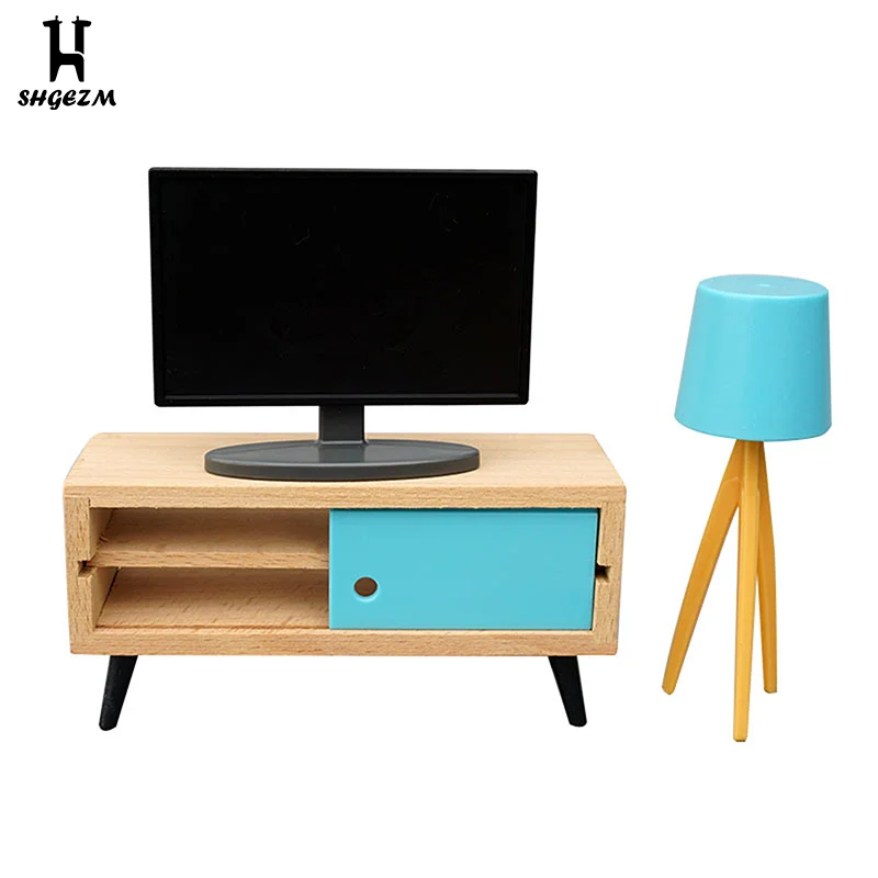 

Dollhouse Miniature Bench Tv Counter Lamp Furniture Set For Dollhouse Living Room Decoration Living Room TV Stand In Bench Table