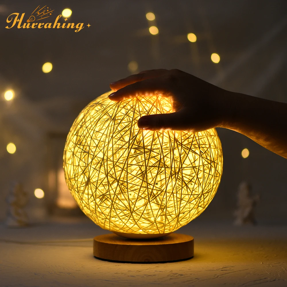 

Nordic Solid Wood Homestay Rattan Ball LED Night Light Usb Table Lamp Bedside Decoration 20CM Beige Colorful + Remote Control