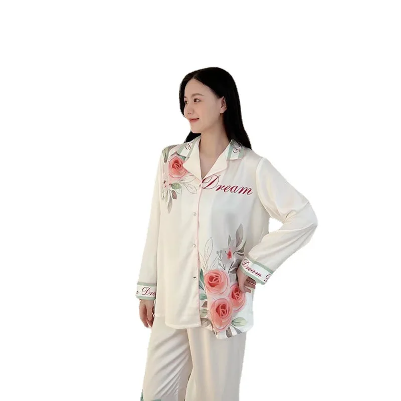 Autumn and Winter New Pink Roses Printed Homewear Suit High-Grade French Ice Silk Pajamas Long Sleeve