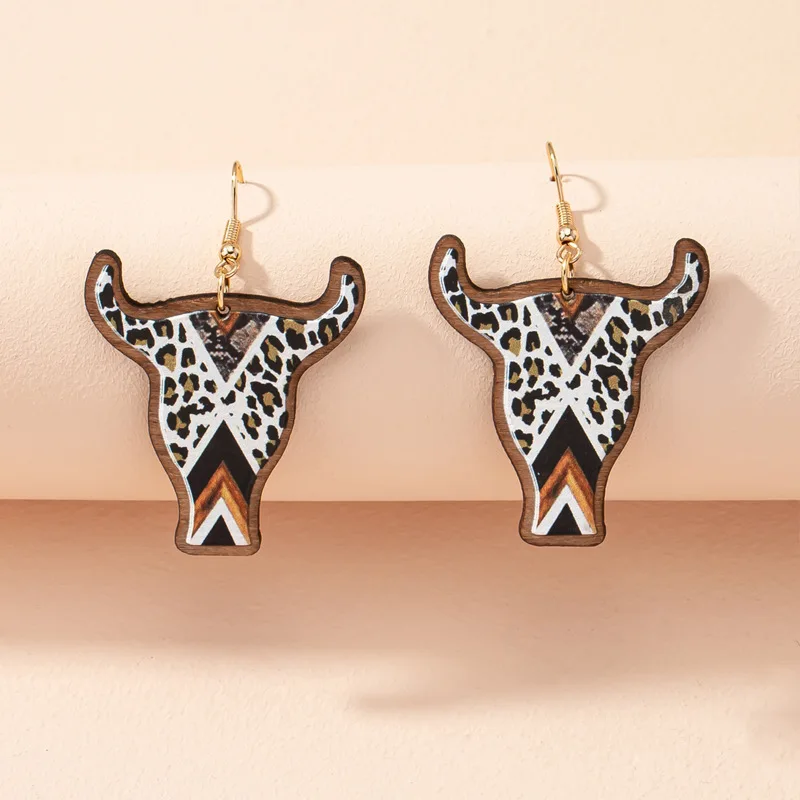 

Leopard Print Bull Head Drop Earrings Steer Head Cattle Jewelry Cow Longhorn Skulls Wooden Earrings Boho Gift for Cowgirl Cowboy