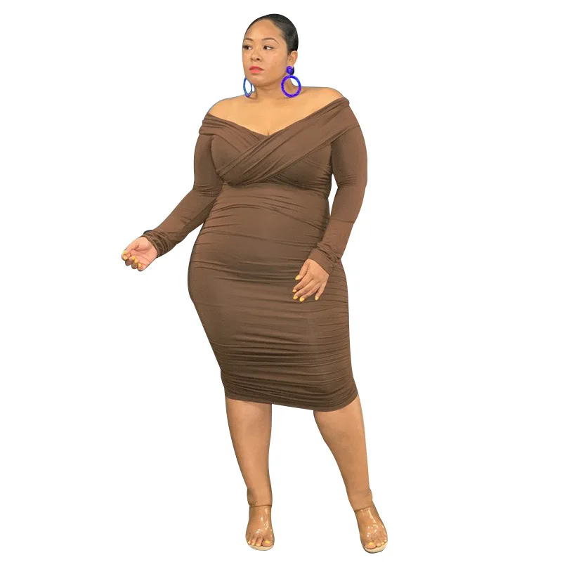 Plus Size Dresses Solid Long Sleeve Deep V-neck Slim Mid-Calf Party Dresses Evening Dresses Plus Size Women Clothing Office Lady