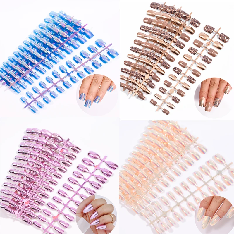 

24pcs*5 Rows Metal Plating Acrylic Press On Nails Shiny Aurora Mirror Effect Full Cover Almond/Square Artificial Fake Nails Tips