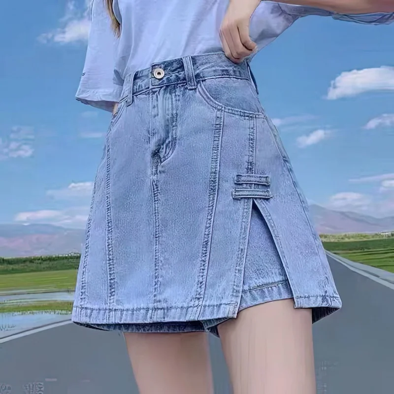 Denim Skirt Summe for women 2023 Korean Style Loose All-Match Fashion Skirt denim Fake Two Pieces High Waist Short Culottes