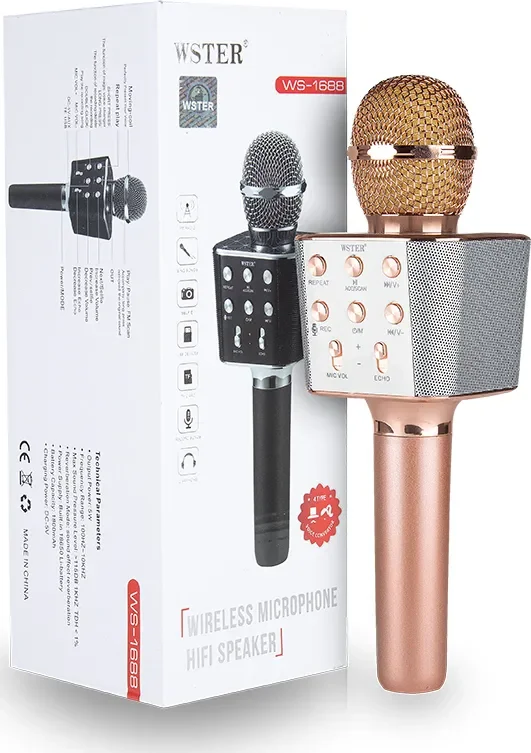 

Караоке колонка с микрофоном WS-1688, микрофон блютуз, 4 стиля голоса, 5 ч работы, розовое золото