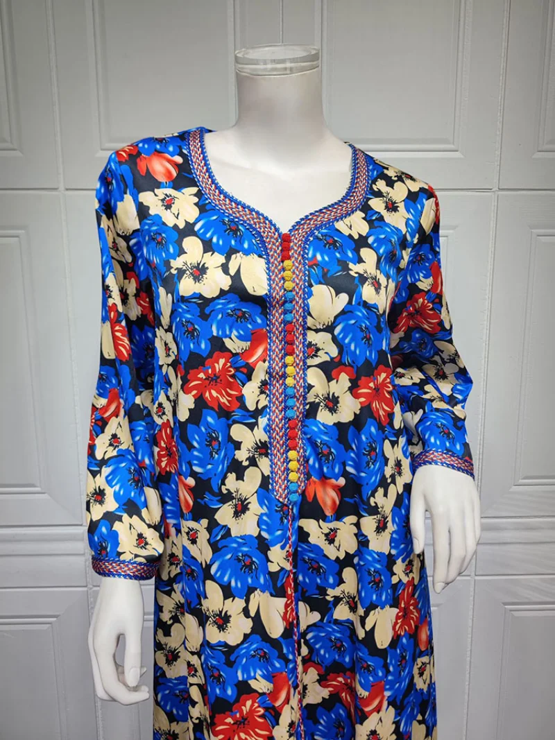 Floral Printed Jalabiya Arabic Long Dress Women Loose Moroccan Caftan Gulf Robe Muslim Modest Abayas Blue African Dresses
