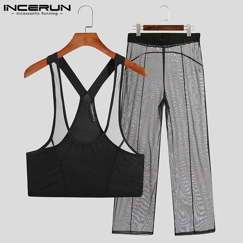 

INCERUN Men Pajamas Sets Mesh Patchwork See Through Sexy Sleeveless Tank Tops & Pants Homewear Fitness Men Sleepwear Suits S-5XL