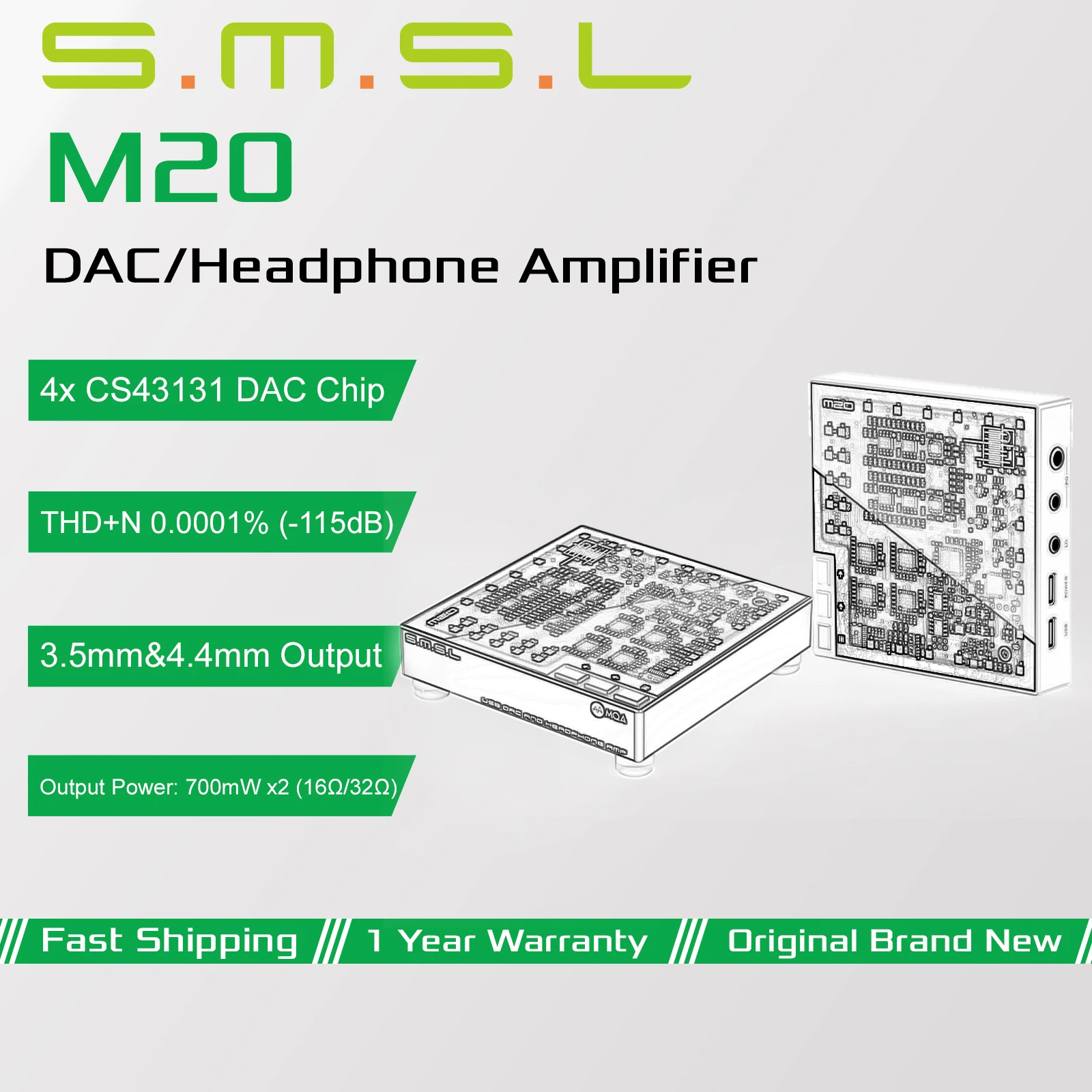 Фото SMSL M20 Hi-Res игровой аудиодекодер с 4-мя чипами ЦАП CS43131, XU316, MQA, USB 1.1/2.0, выход 3.5 мм/4.4 мм, усилитель для наушников 700 мВт №1