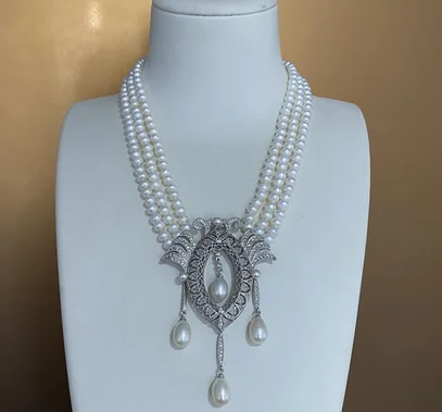 

19-20" 3 Rows Natural Cultured White Pearl CZ Pave Necklace