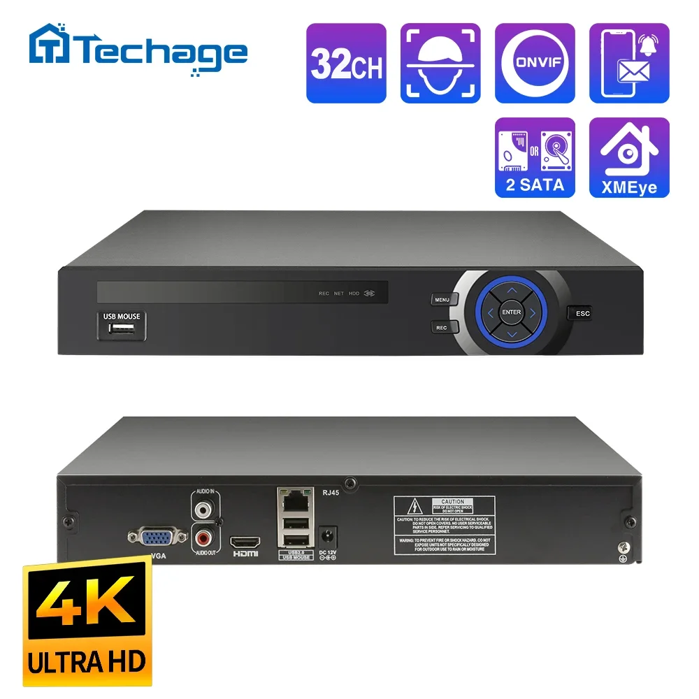 

Techage H.265 Ultra HD 4K 8MP 32CH IP NVR Smart AI поддержка распознавания лица/человека/движения оповещения по электронной почте Поддержка протокола Onvif P2P