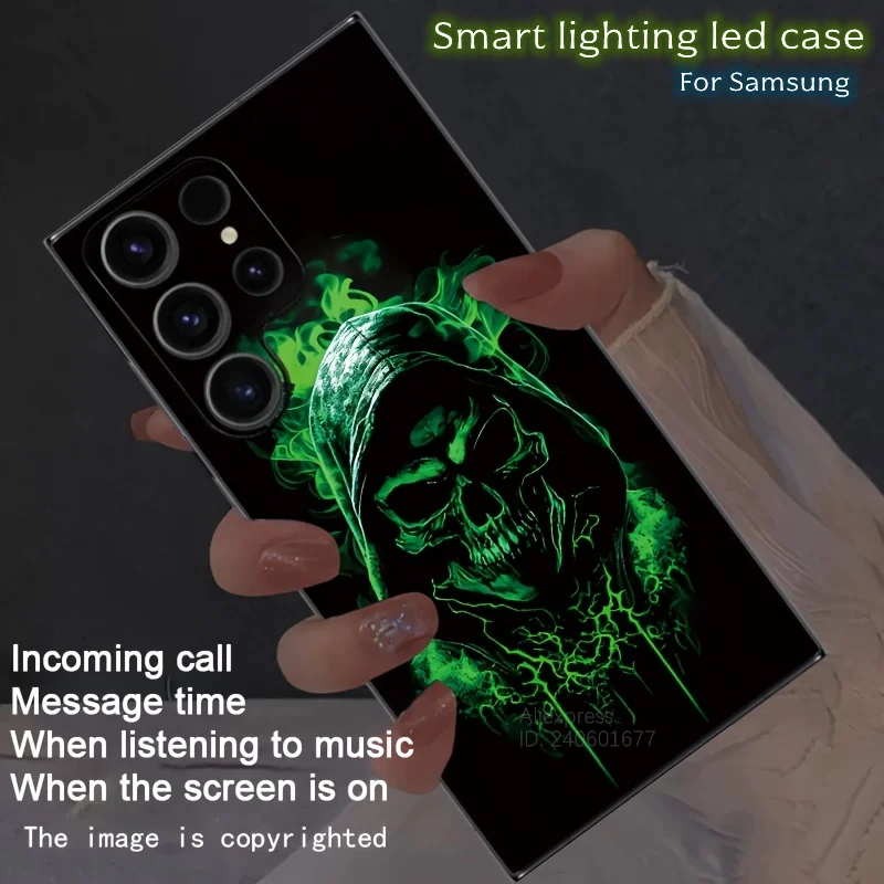 Фото Чехол с вспышкой Green Art Skull для Samsung Galaxy S25 Ultra S24 Plus S23 S22 S21 S20 FE A17 A16 A55 A54 Светодиодная противоударная задняя крышка №1