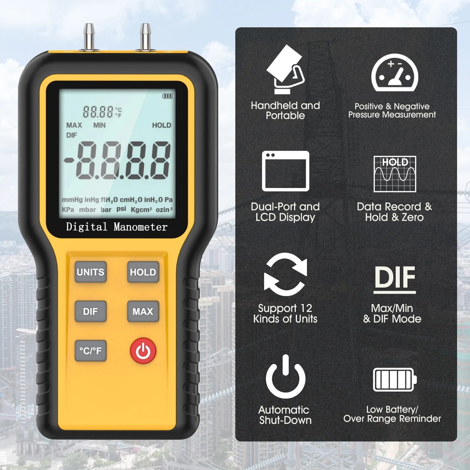 Фото Цифровой манометр QK-1201 ±2.999 psi, 15 единиц измерения, дифференциальный измеритель давления, регистратор данных, тестер газа для систем ОВКВ №2