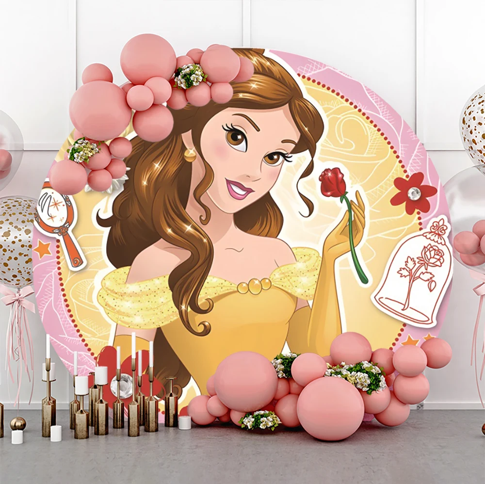 

Disney Beauty And The Beast Belle Elastic Circle Round Background Birthday Party Decoration Photography Backdrop Photo Studio