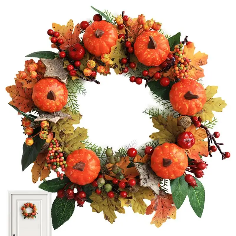 

Fall Door Wreath Artificial Harvest Pumpkin Wreath 3D Pumpkin Fall Leaf Wreath With Maple Leaves Pumpkins Berries For Front Door