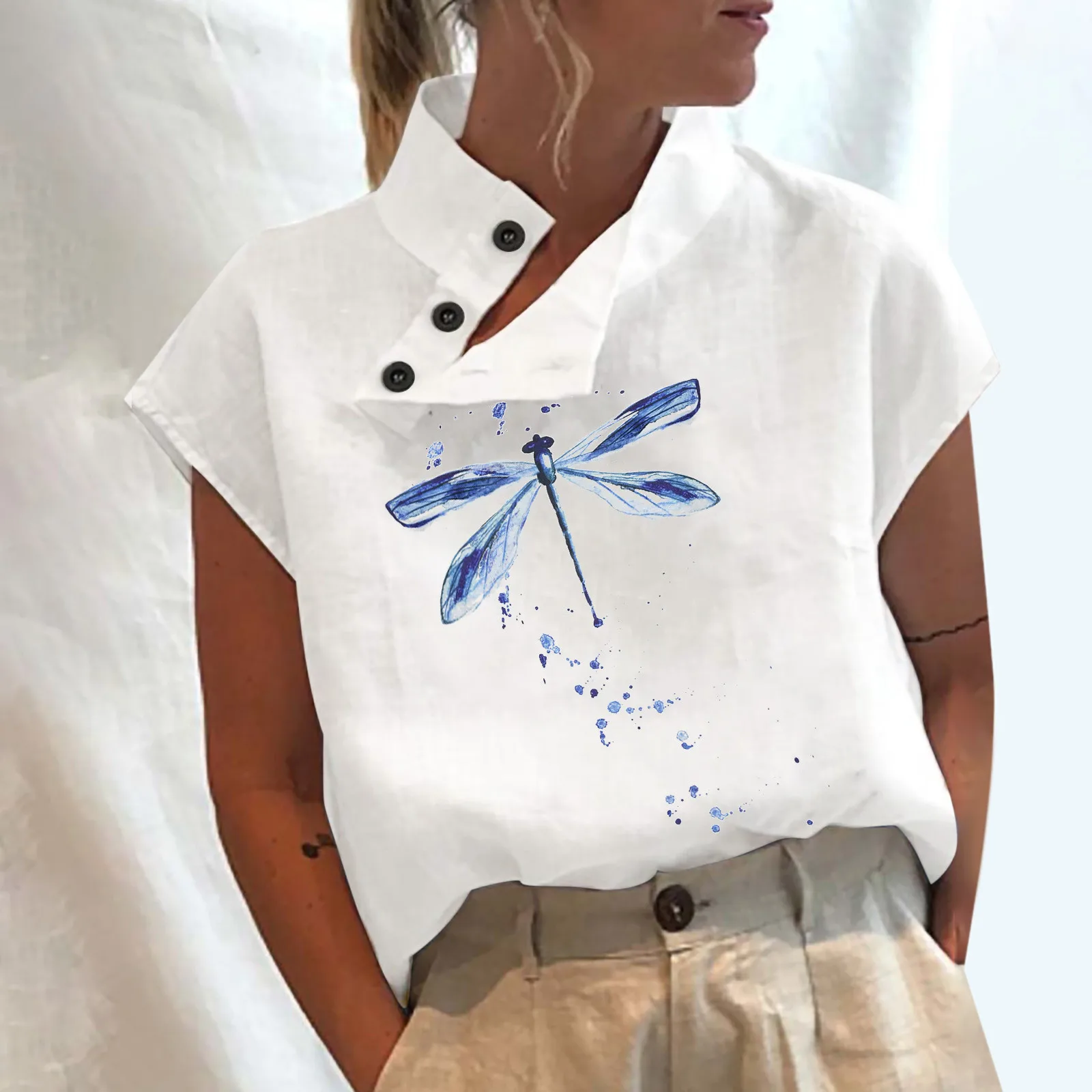

Women Summer Blouses 2023 Cotton Linen Blusas Lightweight White Shirt Dragonfly Printing Chic Tunic Tops Oversized Clothing